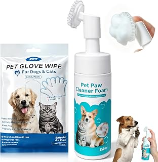 2-in-1 Pet Paw Cleaning Kit: No-Rinse Foam Cleaner & Pet Wipe Gloves, Foam Paw Scrubber for Dogs and Cats - Suitable for Small, Medium, Large Breeds, Puppies & Kittens with Dirty Paws