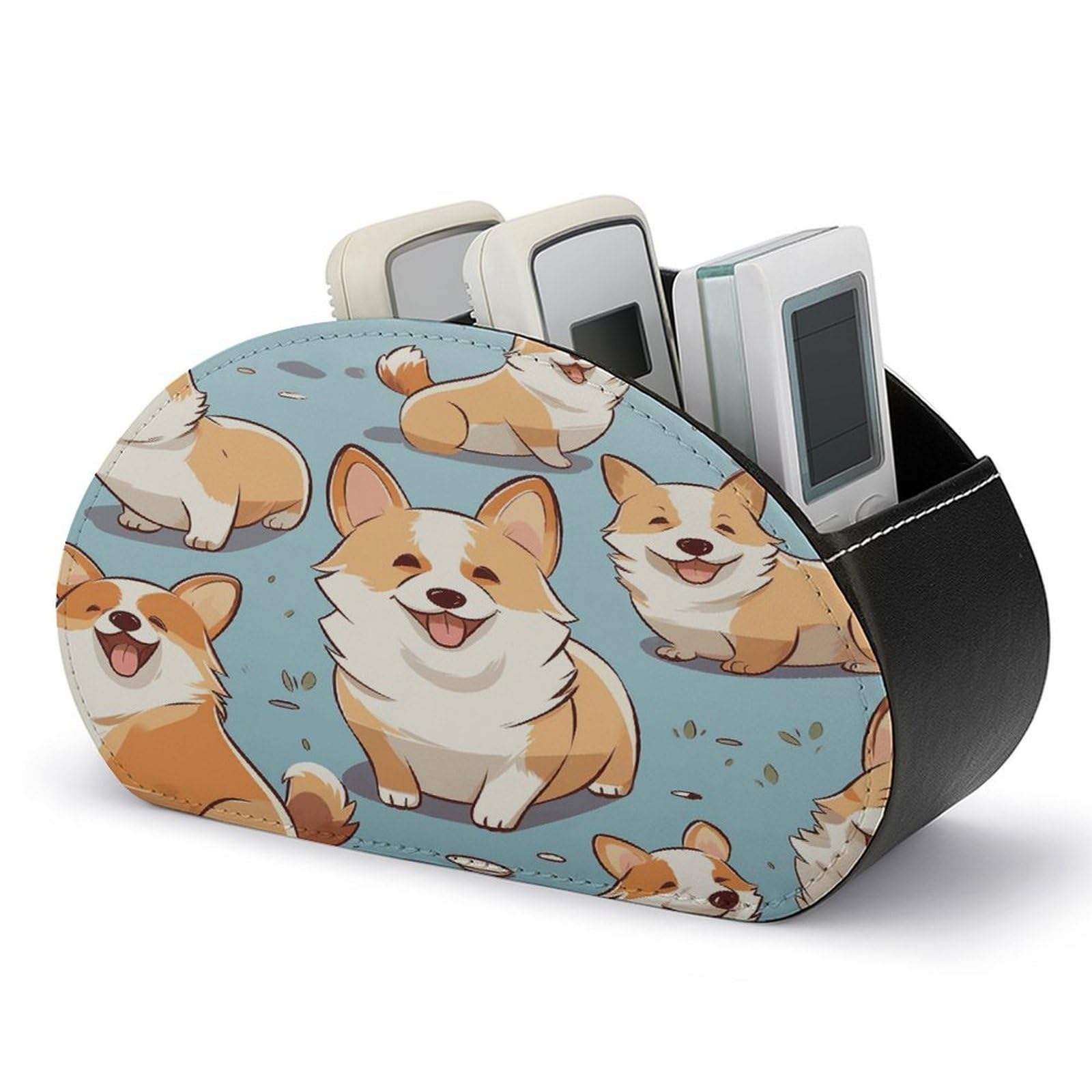 VstaDank Corgi Remote Control Stand with 5 Compartments TV Box PU Leather Multifunctional Office Computer Storage Organizer