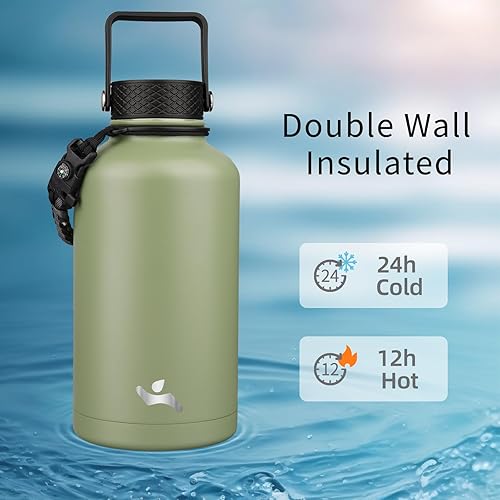 Miniatura 2 de Botella de agua aislada de medio galón con popote, jarra de agua de 64 oz con 3 tapas y bolsa de transporte, asa de paracord, termos de acero