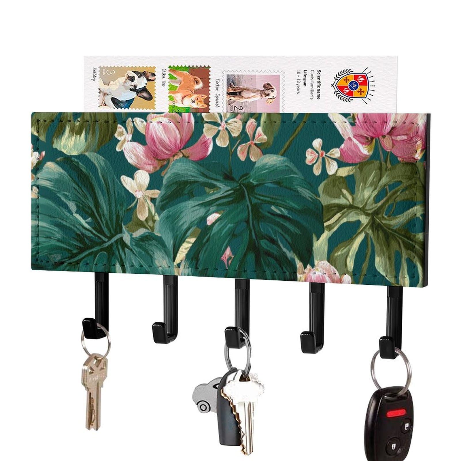 Jubonexis Watercolor Monstera Leaves in Green Pink Flowers Wall Mount with 5 Hooks Acrylic Key Rack for Home Office Entryway