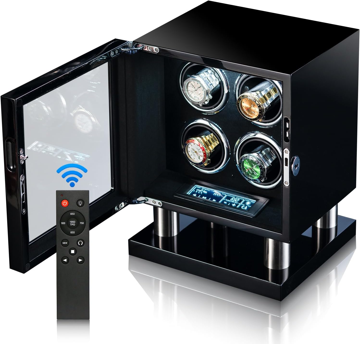 Watch Winder Box for 4 Automatic Watches, Lockable Glass Cover, Black Wood with Black Suede Lining, Silent Motor,TPD Rotation Technology, LCD Touch, Remote control