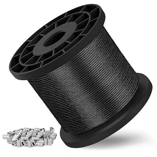 1/16 Wire Rope - 328FT 304 Stainless Steel Cable 7x7 368lbs Breaking Strength, Coated Steel Wire Cable with 150 Crimping Sleeves, for Clothes Line, Trellis .Picture Wire and String Light Cable