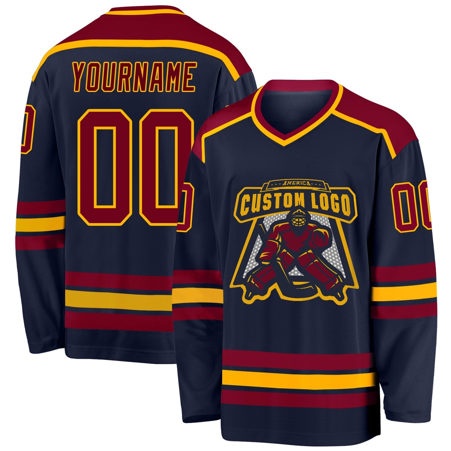 Custom Name Number White Red-Gold Hockey Jersey, Personalized Team V-Neck Sports Hockey Jersey for Men Women Youth