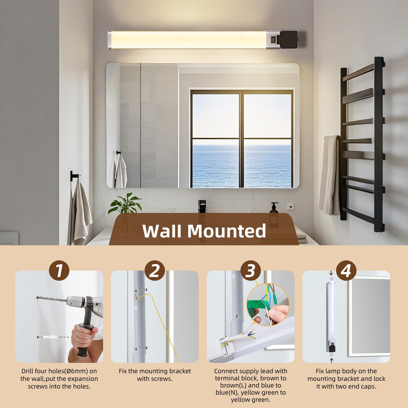 Aigostar Lámpara LED de Espejo con toma de corriente 66.5cm 15W 1350LM Lámpara de Baño 4000K Luz natural Lámpara LED de Pared IP44 230V Luz de Espejo de Baño de Blanco Apliques Espejo de Baño
