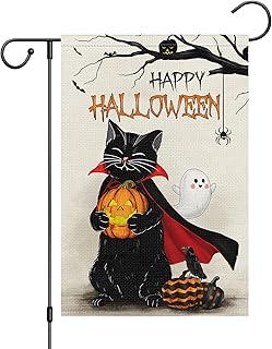 Louise Maelys Halloween Black Cat Garden Flag 12x18 Double Sided, Burlap Small Welcome Halloween Spooky Pumpkin Yard House Flags Seasonal Holiday Outdoor Outside Decor (ONLY FLAG)