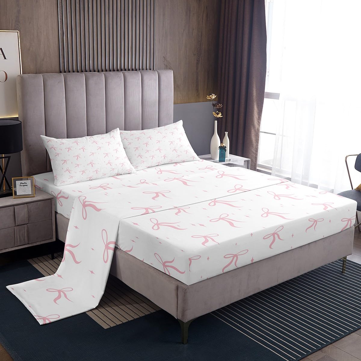 Feelyou Pink Bowknot Bed Sheets Set Watercolor Bow Sheet Set for Kids Boys Girls Teens Room Decor Kawaii Bow Sheets with Deep Pocket Fitted Sheet Full