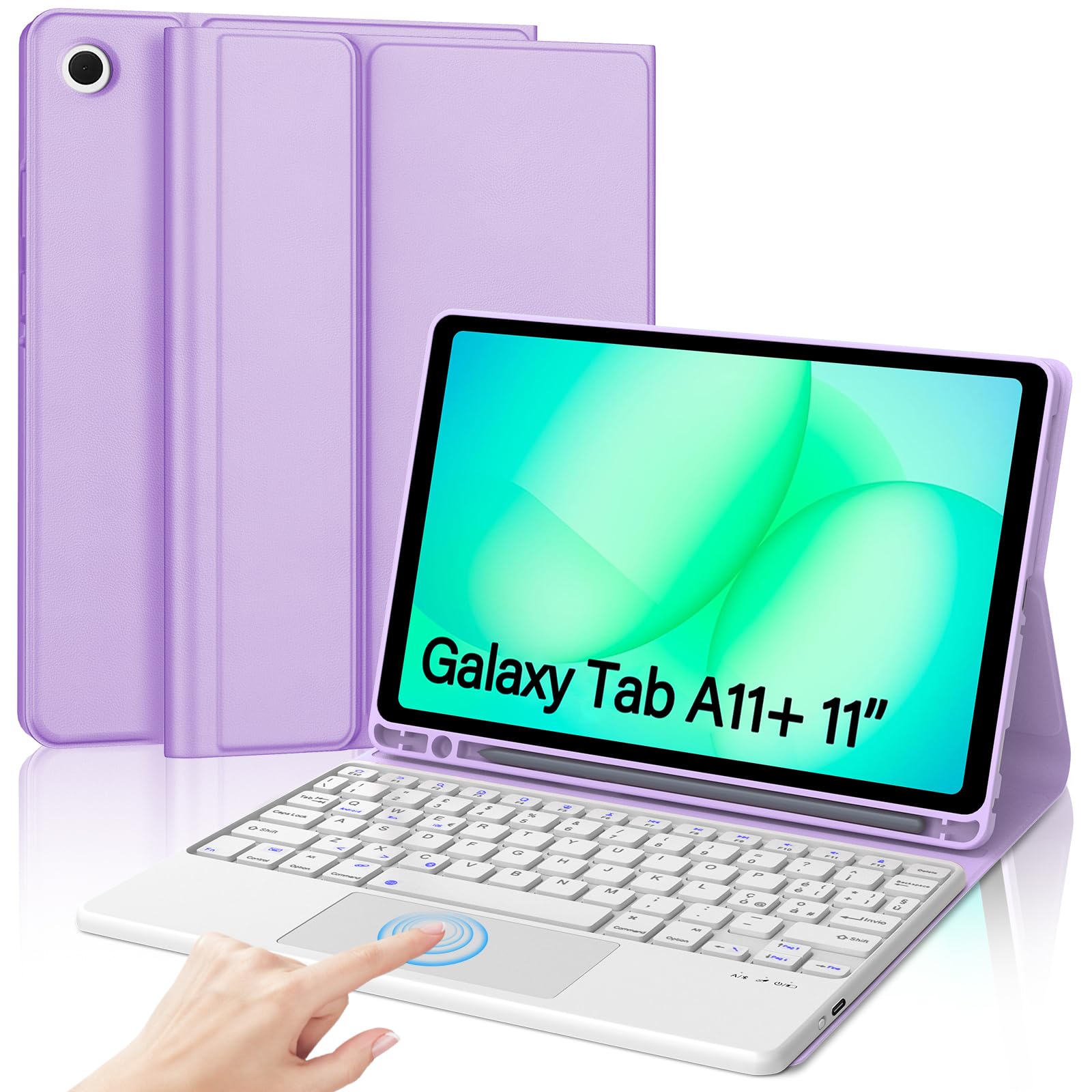 Custodia con Tastiera Bluetooth per Samsung Galaxy Tab A11+ 11" (2025) & A9+ 11" (2023), Cover Italiana QWERTY con Touchpad, Senza Retroilluminazione, Porta Penna, Lilla Chiaro
