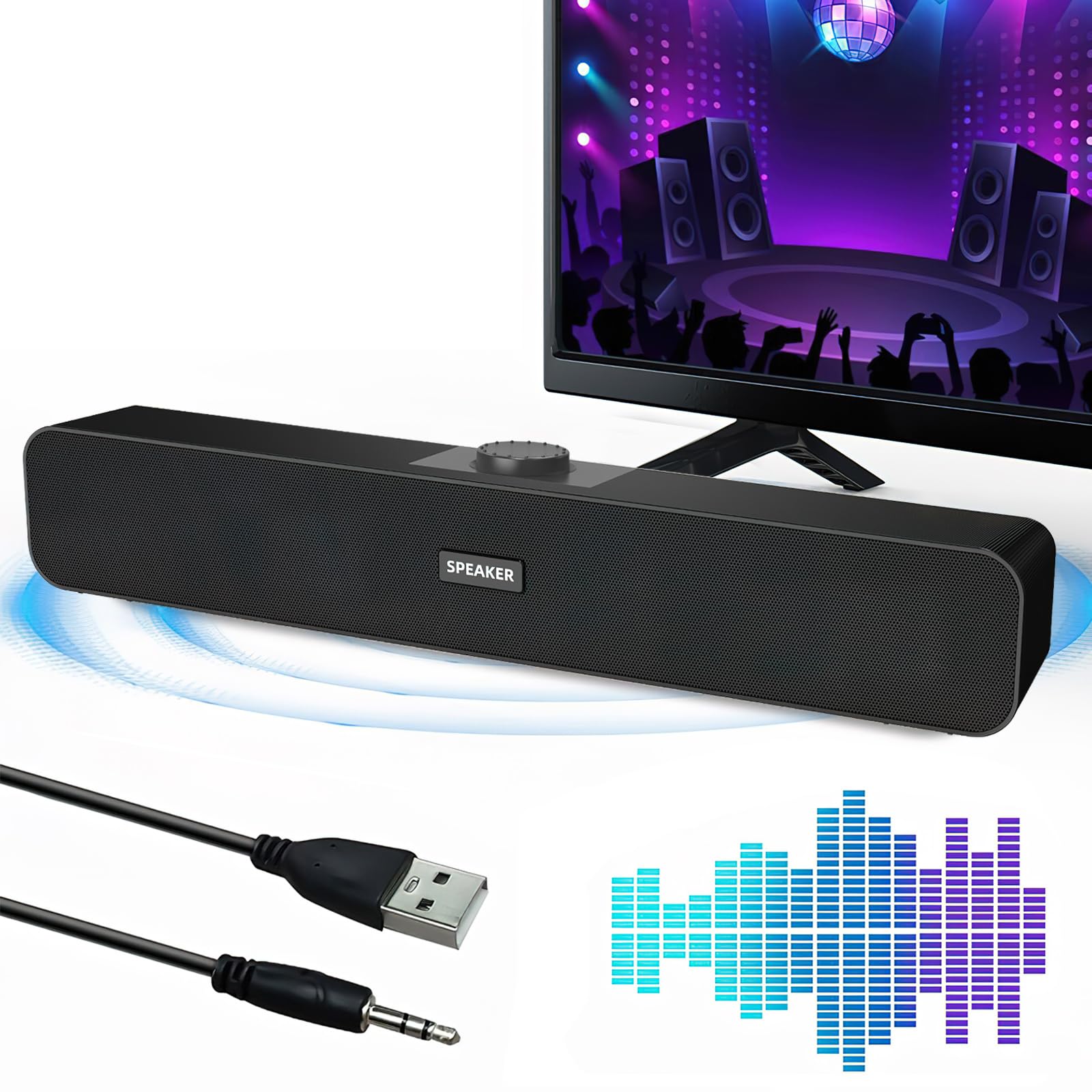 TNSLAND Altavoces PC USB Soundbar, Barra Sonido PC Hi-Fi Estéreo, Altavoz PC con Conexión USB, Barra de Sonido PC para Portátiles, Monitores, Smartphones, Tablets, Videoconsolas, Negro