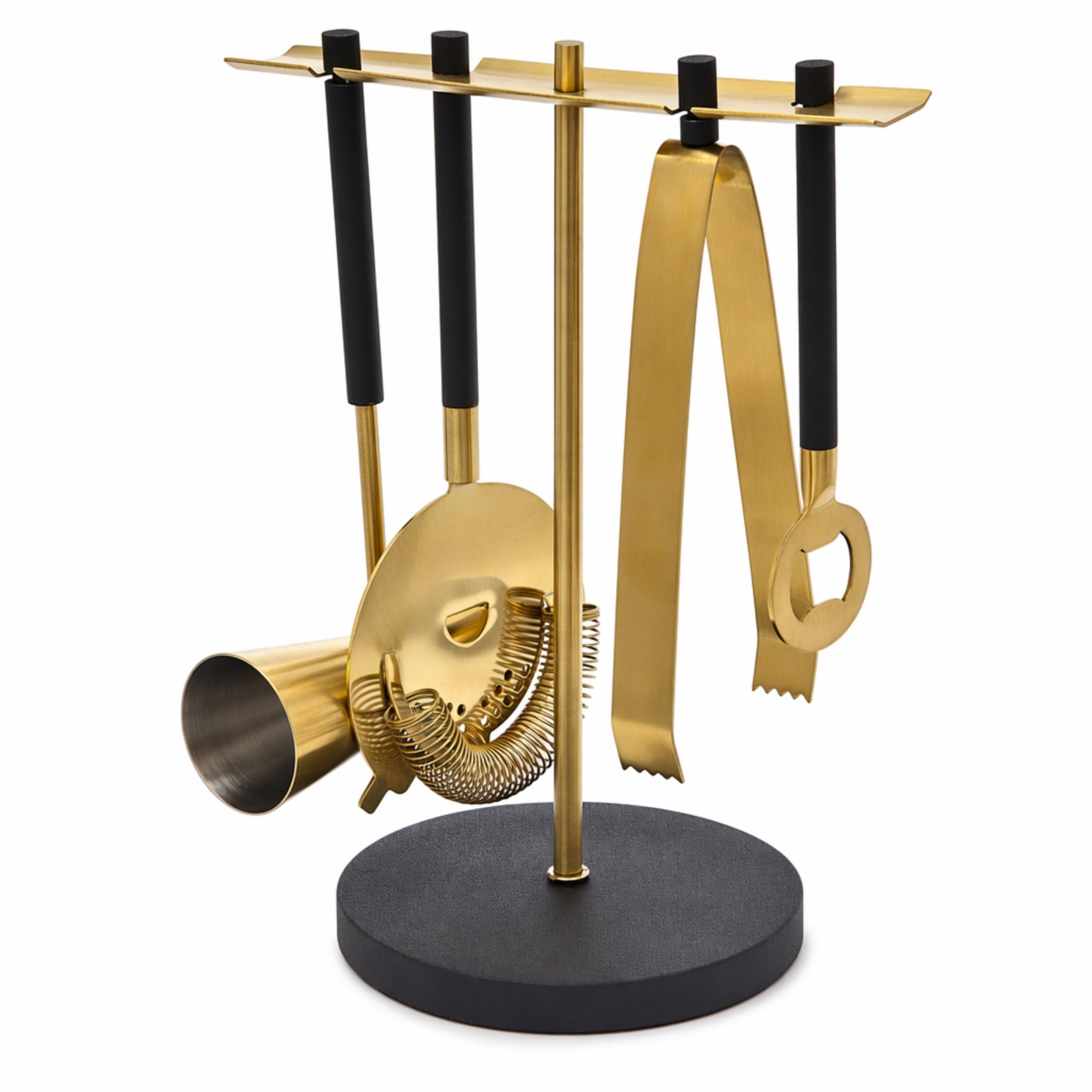 Bar Tool Set with Stand - Black and Gold Bartender Mixology Kit - 5 pc Set