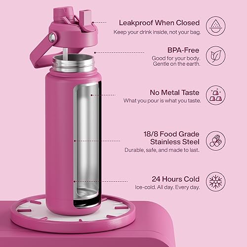 Miniatura 1102 de ENCOOL Botella de agua aislada con popote, de acero inoxidable, a prueba de fugas, sin BPA, al vacío de doble pared que se mantiene fría durante 24