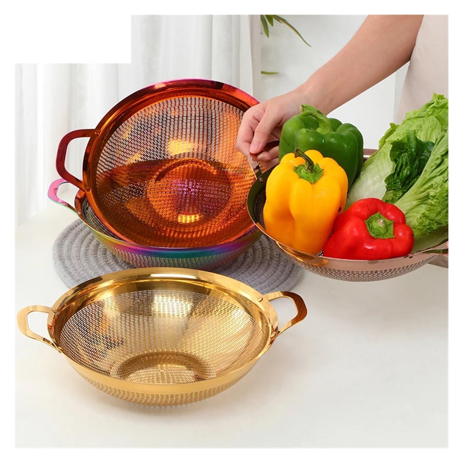 Escurridor de acero inoxidable, coladores arroz, colador frutas dorado, filtro malla for verduras con mango, herramienta cocina para Cocina(Gold)