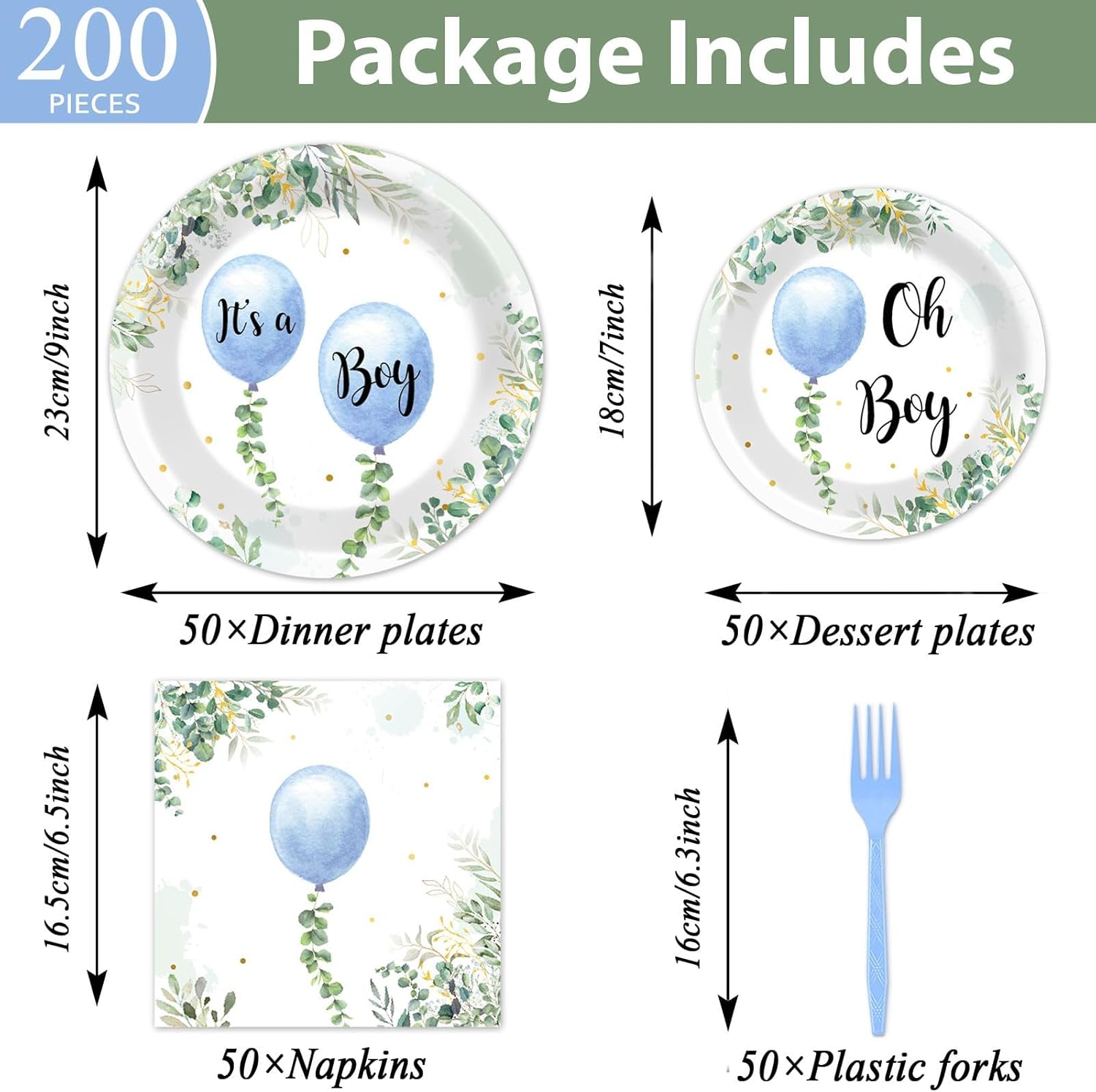 200PCS Oh Boy Watercolor Blue Balloon Party Tableware Set Greenery Boy Baby Shower Party Supplies Eucalyptus Disposable Dinnerware Plates Napkins Forks for Birthday Baby Shower Favors