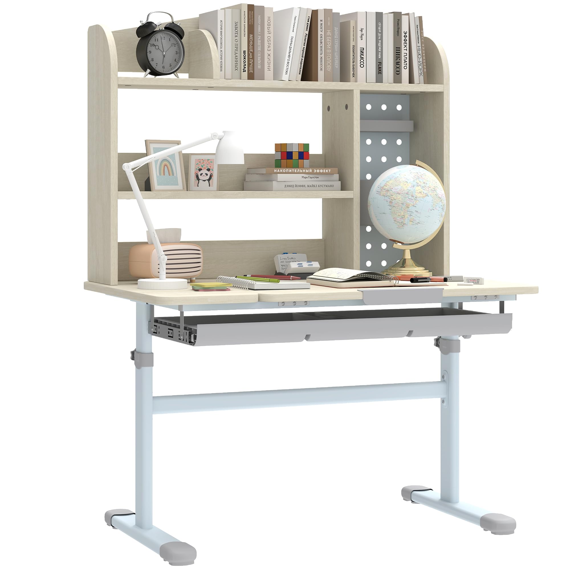 AIYAPLAY Bureau pour Enfants, Table d'étude réglable en Hauteur avec Plateau inclinable, Rangement, Panneau perforé, 3-12 Ans, Naturel
