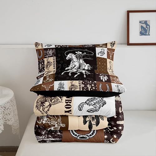 Miniatura 6 de Juego de edredón de vaquero, tamaño Queen, ropa de cama occidental para niños, juegos de edredón de cráneo de toro, juego de edredón de plumas de