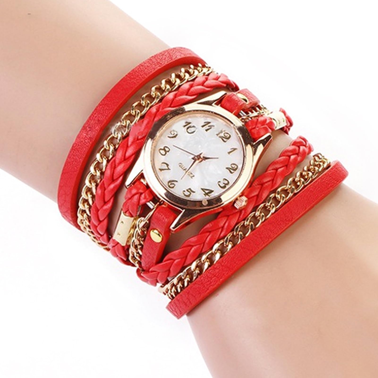 matumou Women Vintage Multilayer Faux Leather Alloy Braided Bracelet Wrist Watch Jewelry