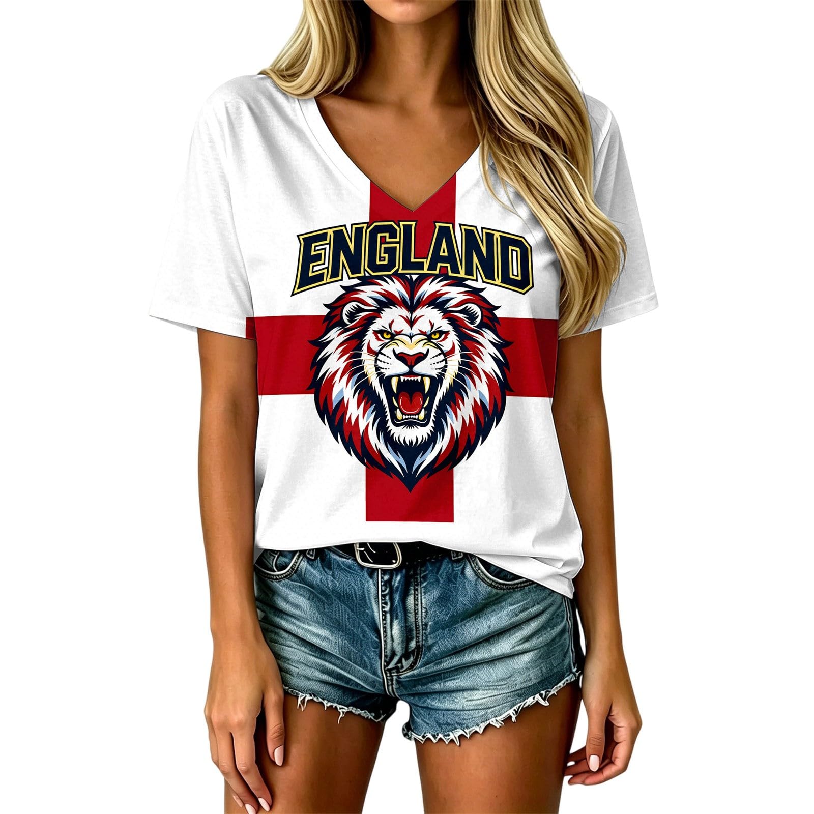 HOOUDO Womens England Football Shirt World Cup 2026 Short Sleeve Jersey Retro Graphic Printed V Neck Training Tops Breathable Lightweight Ladies Soccer T-Shirt Athletic Shirts