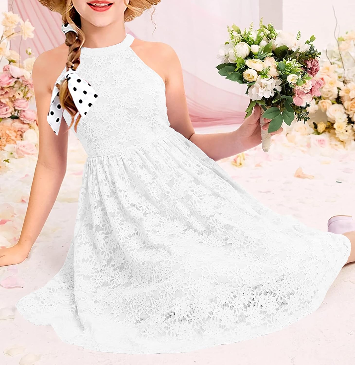 HOSIKA Girls Halter Neck Sleeveless Elegant Floral Lace A-line Flared Swing Party Dress for 6-12 Years Kid - Image 6