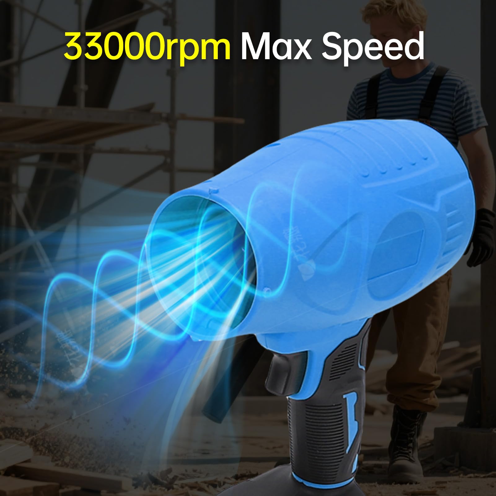 Soplador de Hojas Inalámbrico, Ventilador Ajustable de Velocidad Continua de 33000 RPM con 2 Baterías de 2600 MAh, 2 Tubos de Extensión para Limpiar Hojas y Residuos de (Enchufe Azul-UE)