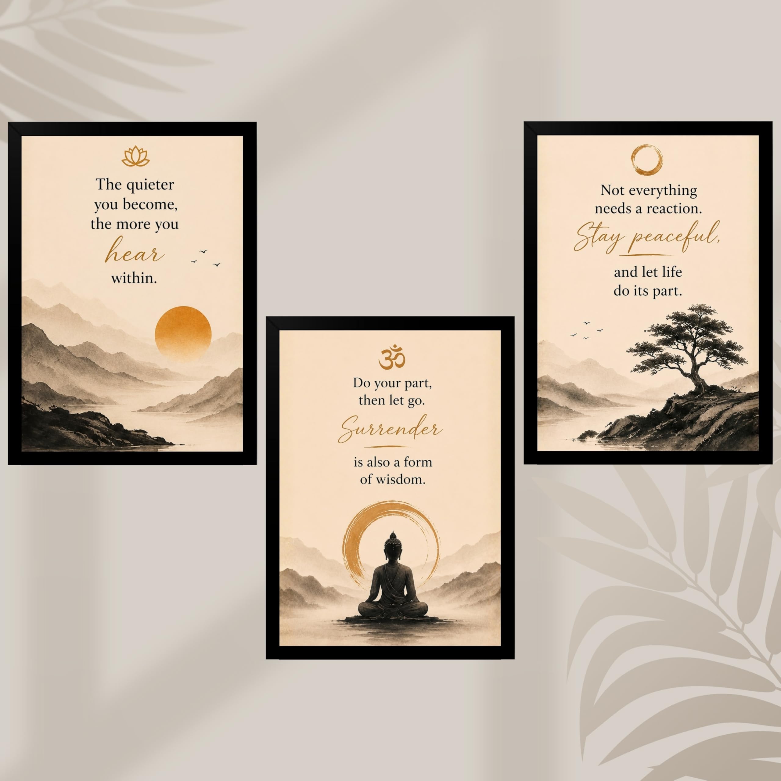 Set of 3 Spiritual Quote Wall Frames for Living Room Bedroom Office | Zen Buddha Meditation Wall Art | Peaceful Motivational Posters with Black MDF Frame 10x13 Inch (Zen Beige)-image-9