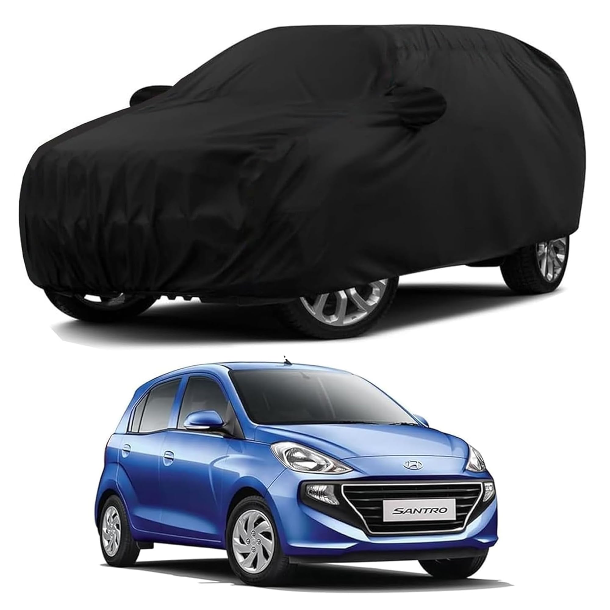 Sulfar 100% Water Resistant Car Body Cover Compatible with Mirror & Antenna Pockets for Hyundai Santro (Triple Stitched, Full Bottom Elastic, Black)