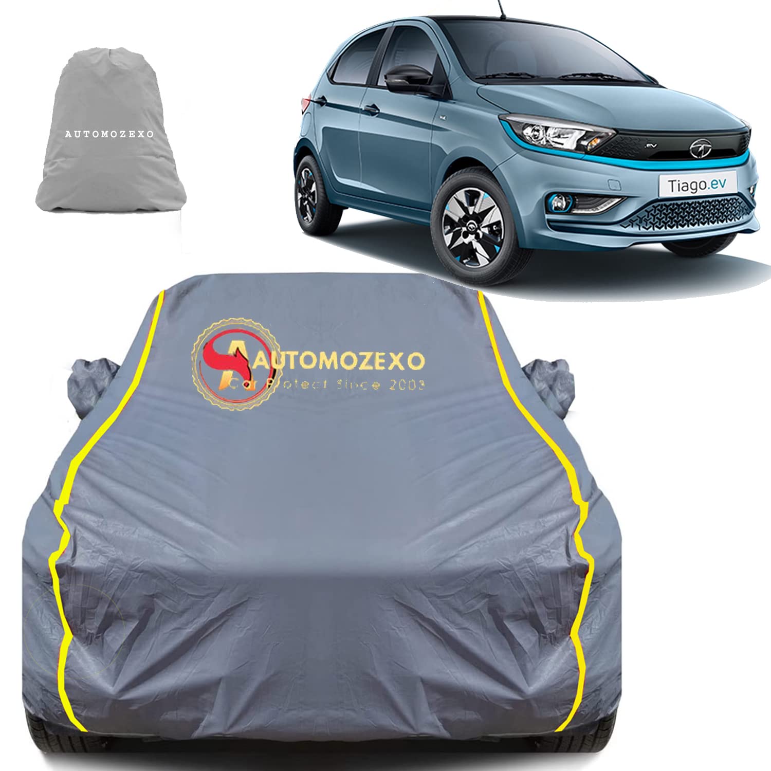 AUTOMOZEXO Tata Tiago Car Cover for All Weather Protection with Mirror & Antena Pocket Inner Cotton Layer Triple Stitched Waterproof Adjustable Belt Bottom Elastic Secure Fit Tiago All Modles (Grey)