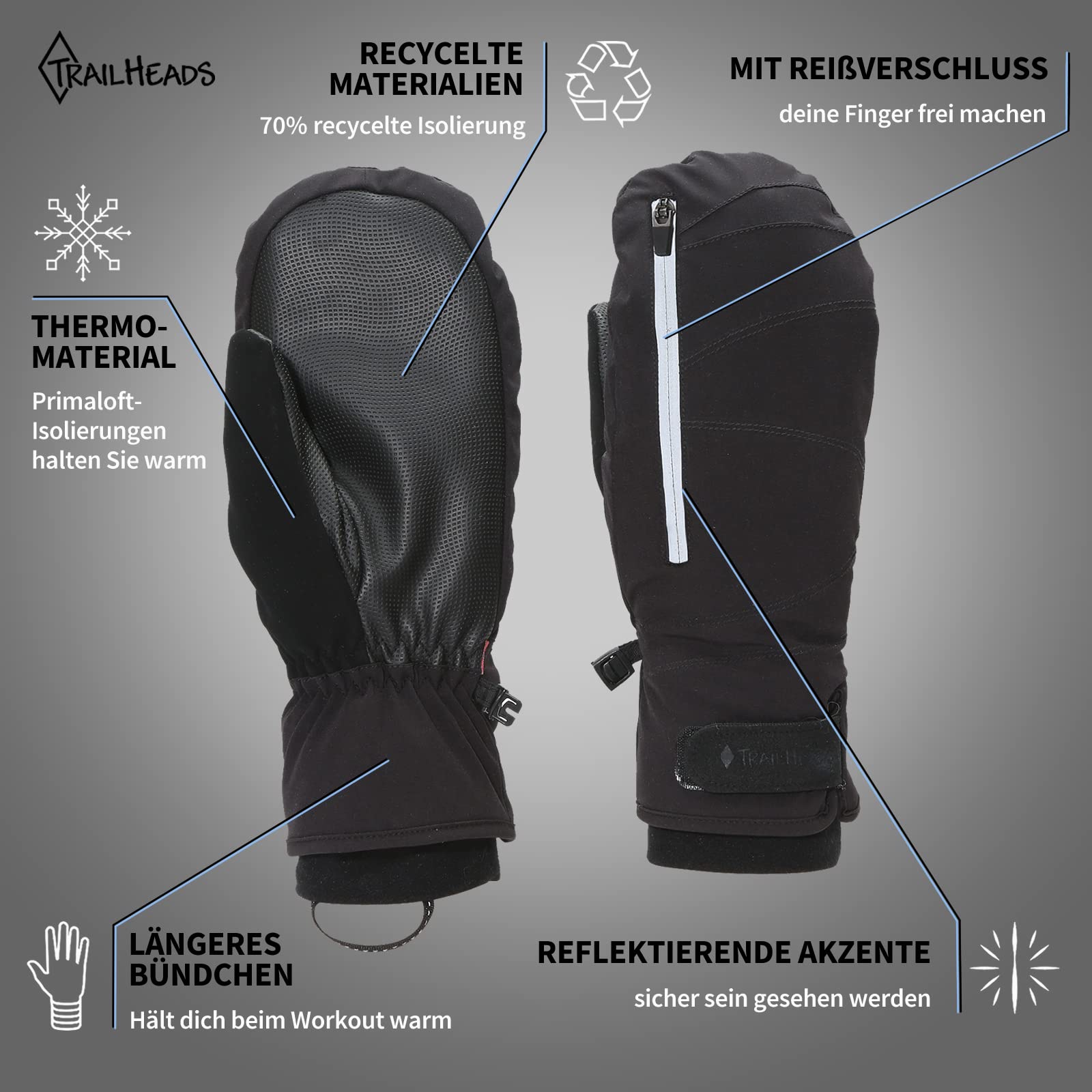 TrailHeads Konvertible Fäustlinge Damen Mit Reißverschluss für den Winter | Laufhandschuhe | Thermohandschuhe | Outdoor Handschuhe - Schwarz