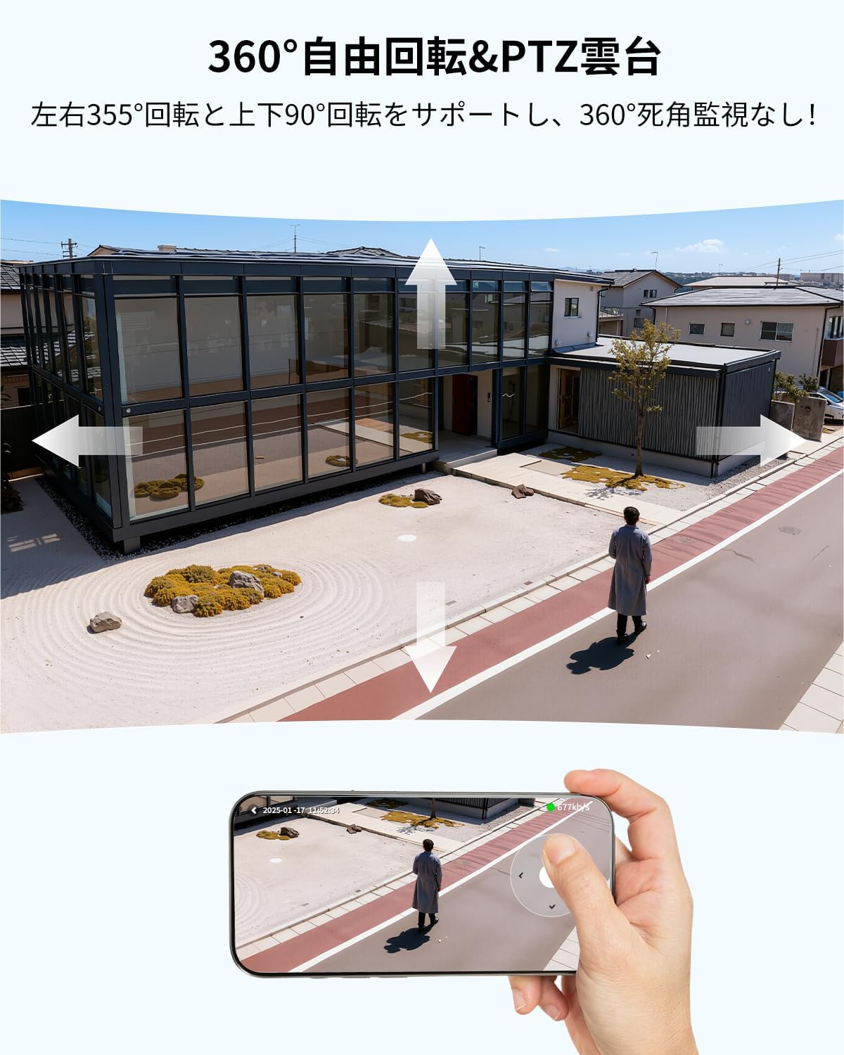 Camera with 360-degree rotation and phone showing PTZ controls