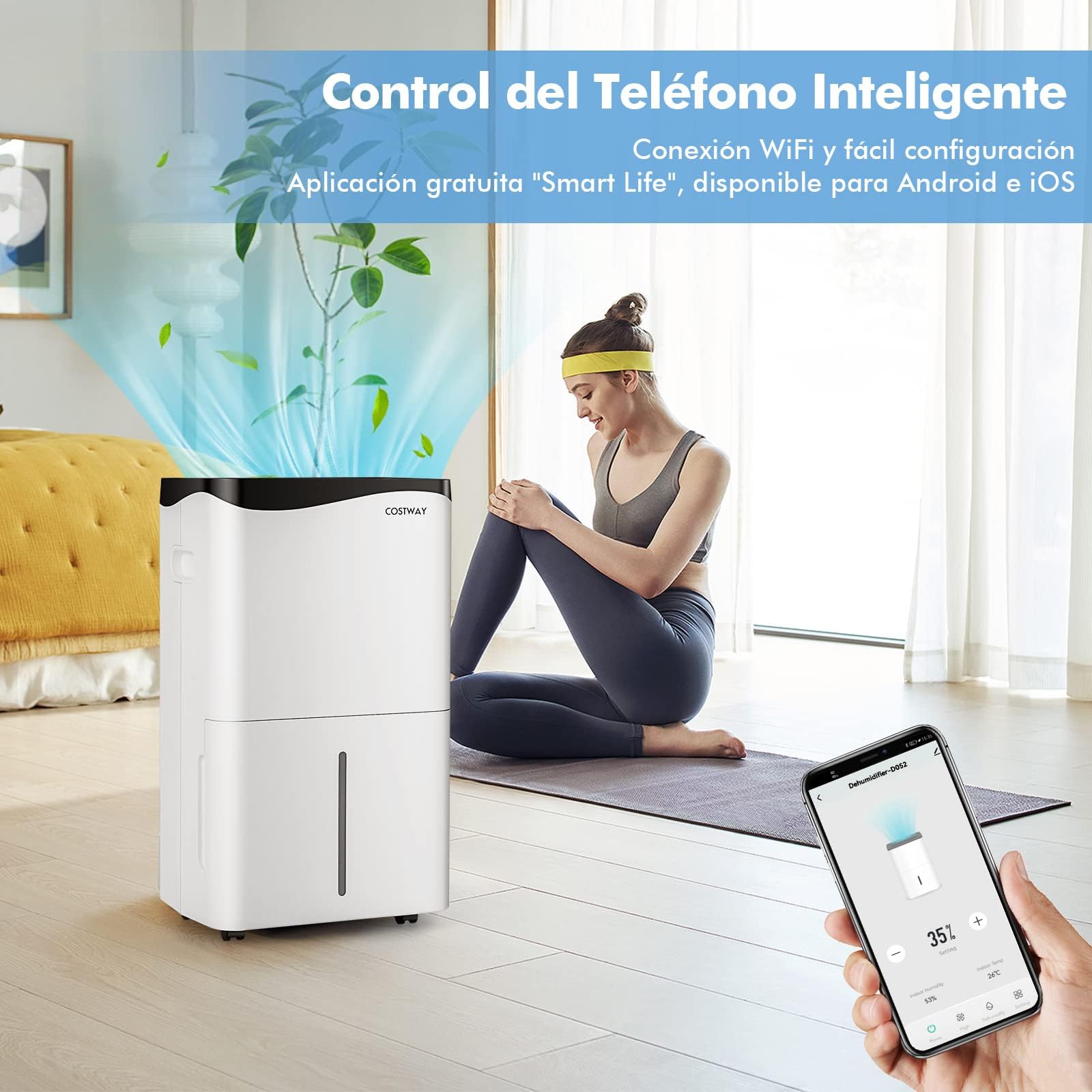 COSTWAY Deshumidificador Móvil, 50L/Día, Pantalla LED con Depósito de 5L, 4 Modos, 24h Temporizador, 2 Velocidades, Auto-Apagado, Deshumidificador Silencioso para Dormitorio Sala de Estar (50L/Day)