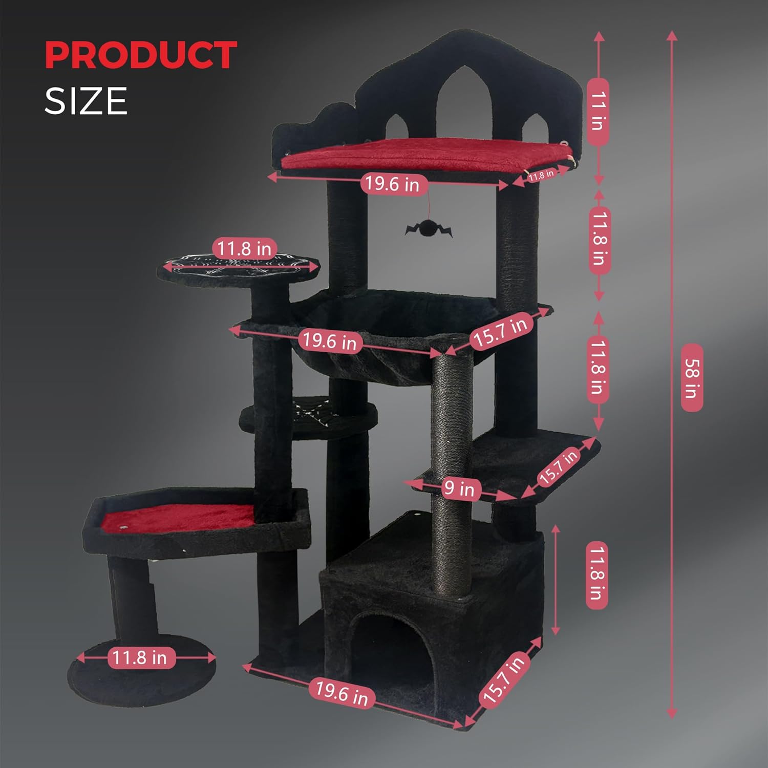 58in Gothic Cat Tree with Coffin Bed, Black & Red Cat Tower with Spooky Cat House, Multiple Scratching Posts & Board, Halloween Themed Cat Furniture for Large Cats