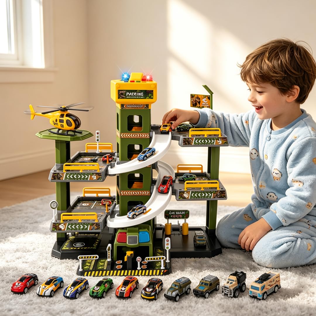 Garage parcheggio a 5 piani per bambini, set da gioco con musica ed effetti luminosi, con 14 auto giocattolo e 1 elicottero, parcheggio con ascensore, regali per ragazzi e ragazze (tema dinosauro)