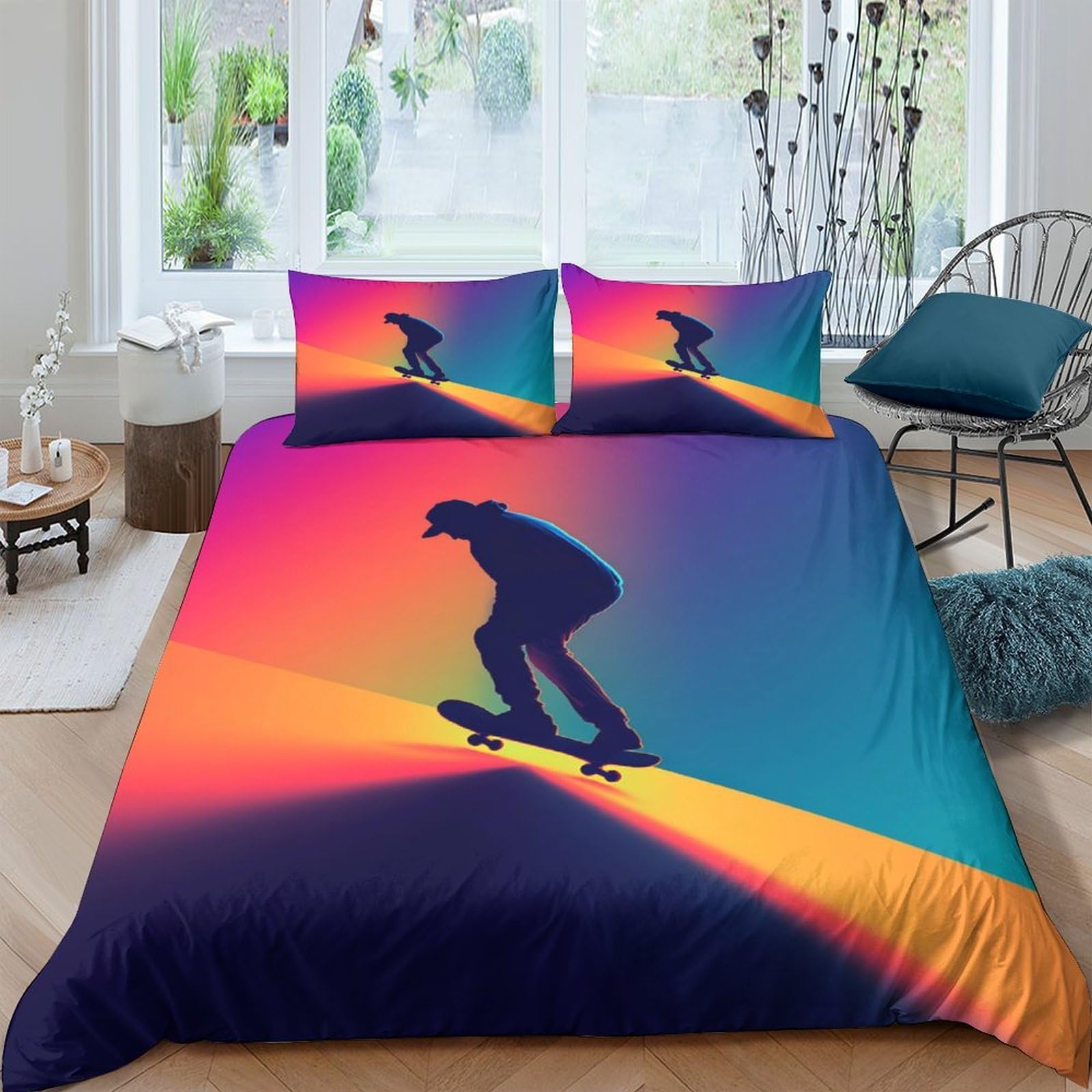 Ctjqhvkz Style-5 3D Printed Sunset Skateboard Fitted Sheet Microfiber Soft Breathable Urban Silhouette Bed Cover For Bedroom Dorm Single（135X200cm）
