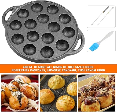 Miniatura 4 de Escargot - Plato de hierro fundido para hongos Takoyaki con 15 agujeros de compartimento, máquina de bolas de pulpo con tenedores y cepillo para