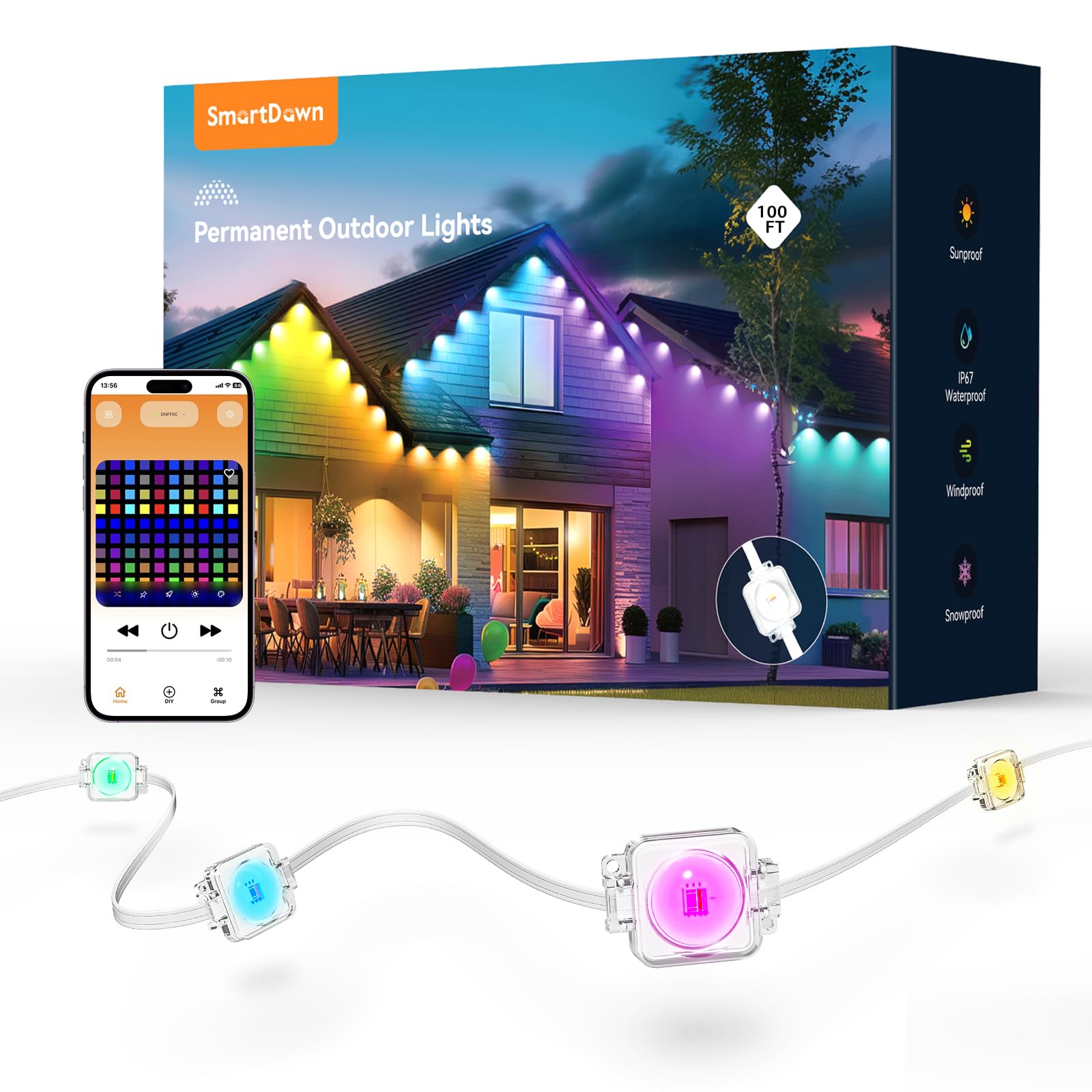 SmartDawn Permanent Outdoor Lights, 100FT 64 Bulbs RGB LED Outdoor