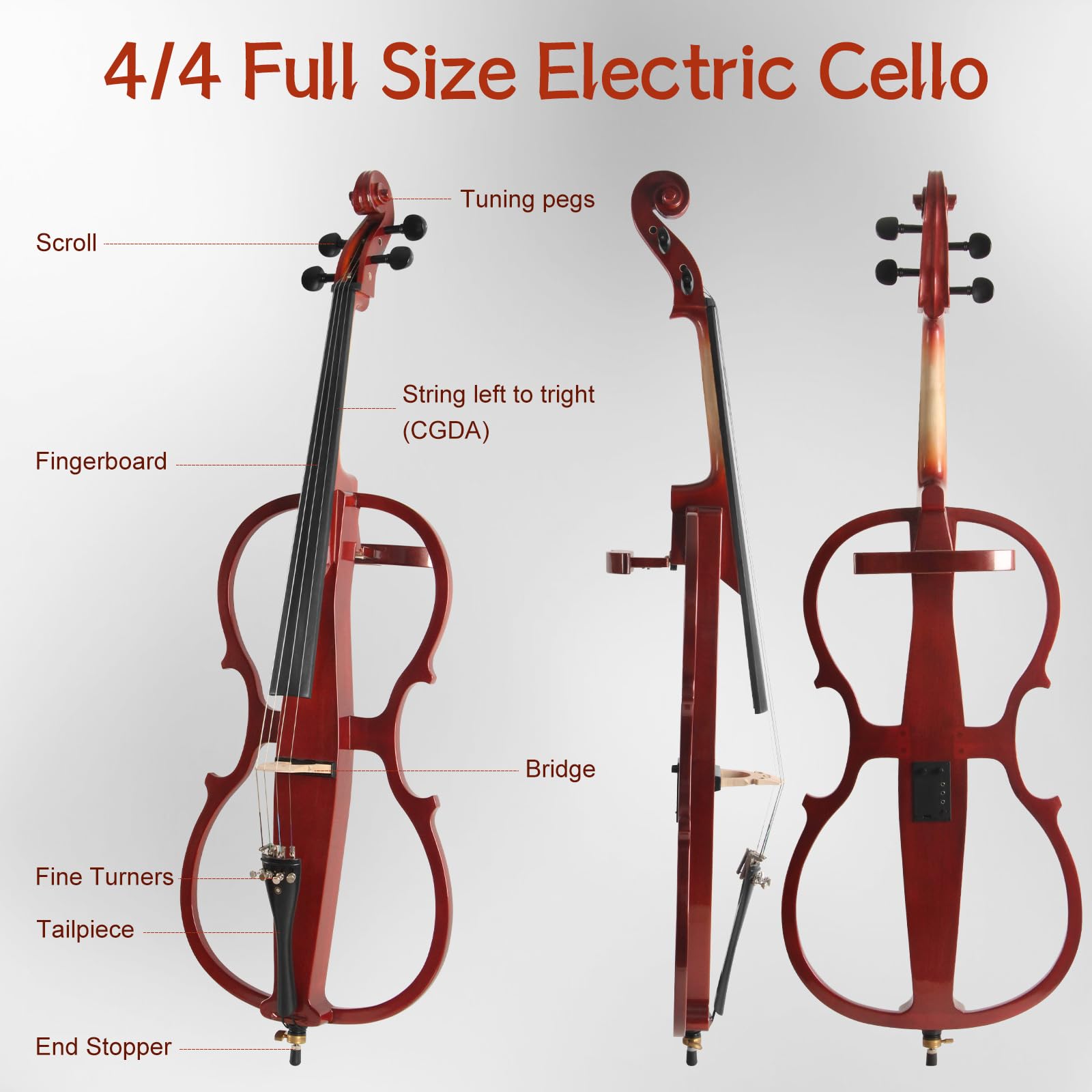 Ceciliec Electric Cello - 4/4 Full Size Silent Practice Cello with Headphone Jack & Carry Bag, Professional Cello for Beginners/Adults - Includes Bow Rosin