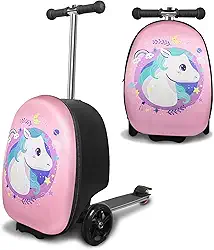 ALVOD Mala de scooter 2 em 1, bagagem dobrável e leve para crianças com roda de luz LED, Rosa, verde, 11.8*13.2*20.7 inches