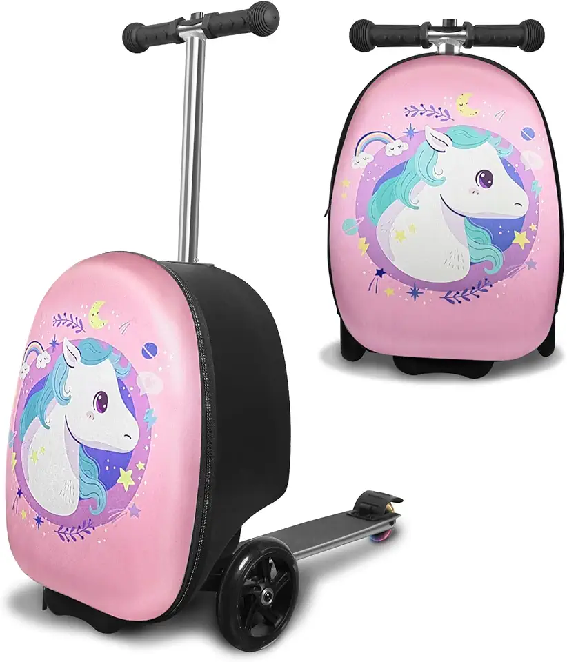 ALVOD Mala de scooter 2 em 1, bagagem dobrável e leve para crianças com roda de luz LED, Rosa, verde, 11.8*13.2*20.7 inches