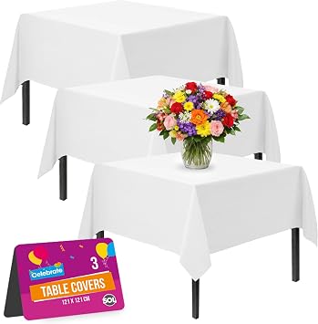 SOL 3pk White Table Cloth Party - Plastic Table Cover 121x121cm | Plastic Table Cloth Wipe Clean For Parties - Table Cover Waterproof for Birthdays, Buffets & Weddings, 3pk x 121x121cm