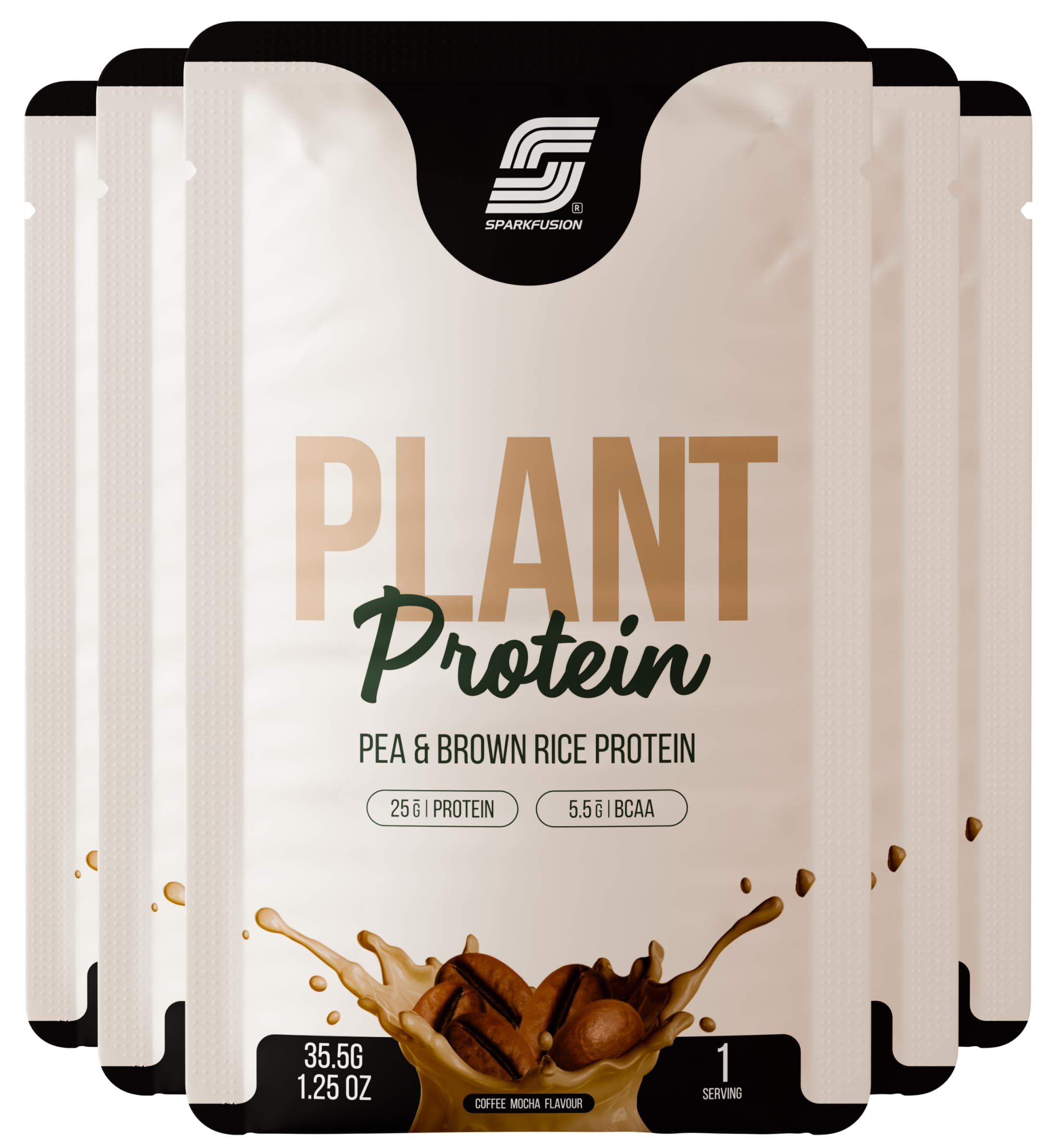 Sparkfusion Plant Protein Powder Isolated Pea & Brown Rice Protein | 25g Protein per Sachet | 5.5g BCAA | Vegan, Gluten Free & Sugar Free | Coffee Mocha Flavour | Pack of 10 Sachets