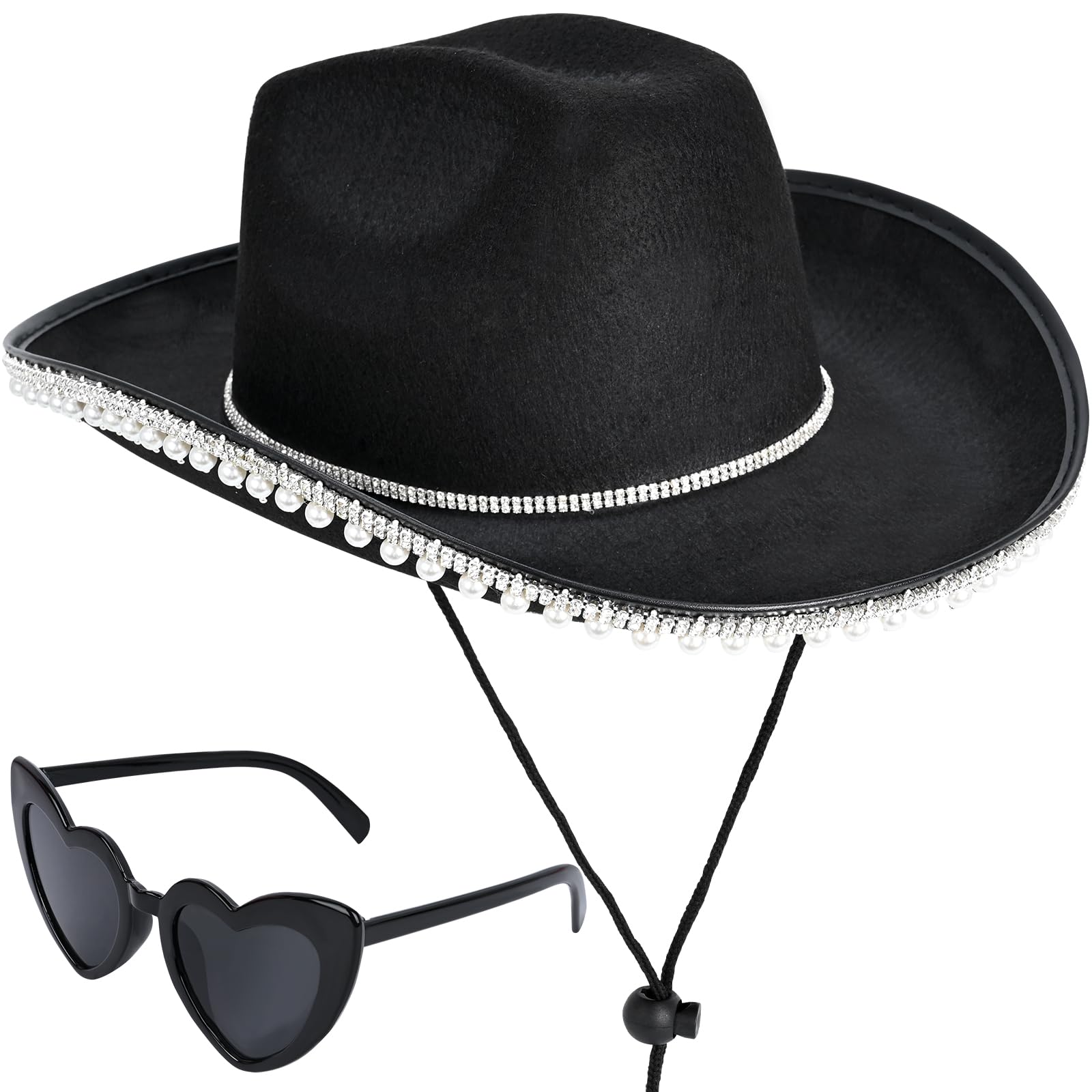 YoiemivyRhinestone Pearl Cowboy Hat for Women - Black Cowgirl Hat with Heart-Shaped Sunglasses - Western Cowboy Hat for Bride Christmas Bachelorette Party Costumes (Black)