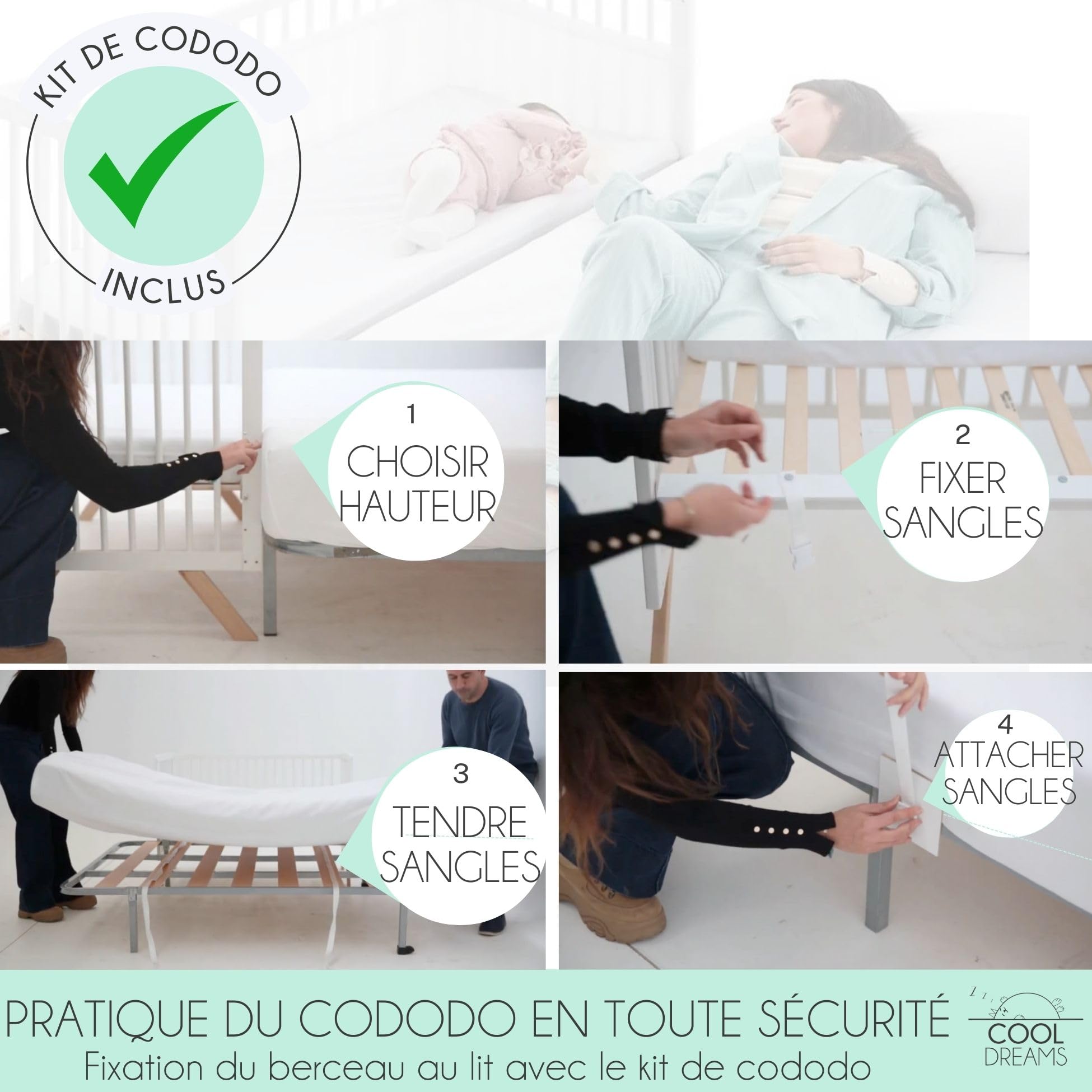 COOL · DREAMS Lit bébé évolutif Nuru. Inclus kit de cododo pour Fixer Le lit en Toute sécurité au lit des Parents et barrières Blanches pour Le Transformer en lit