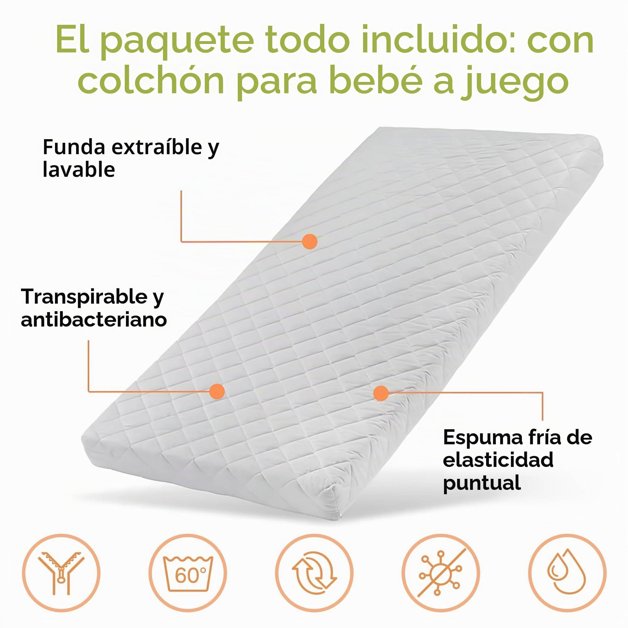 Cuna de bebé 70x140 con cajón, cuna con rejillas, cuna infantil, altura regulable y barras extraíbles con colchón | otras medidas: 60x120 cm | 70x140 cm: desde el nacimiento hasta los 6 años, color