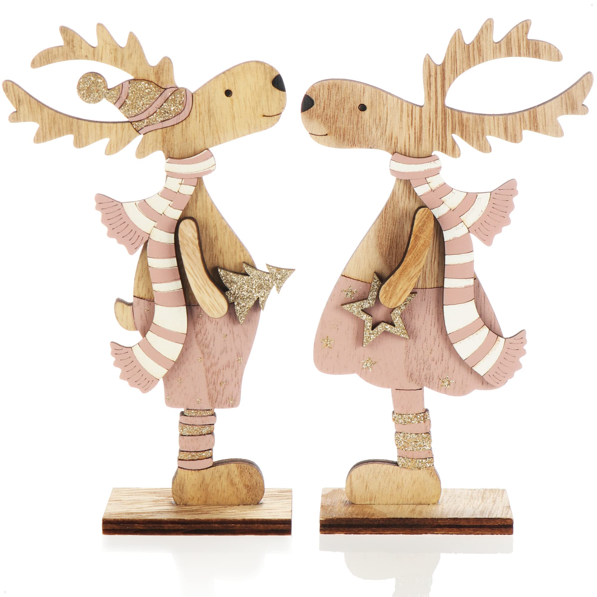 com-four® 2X Expositores Decorativos para Navidad-Reno de Madera para Dejar-Expositores navideños para Decorar y Regalar (Reno XL - Rosa + Dorado)