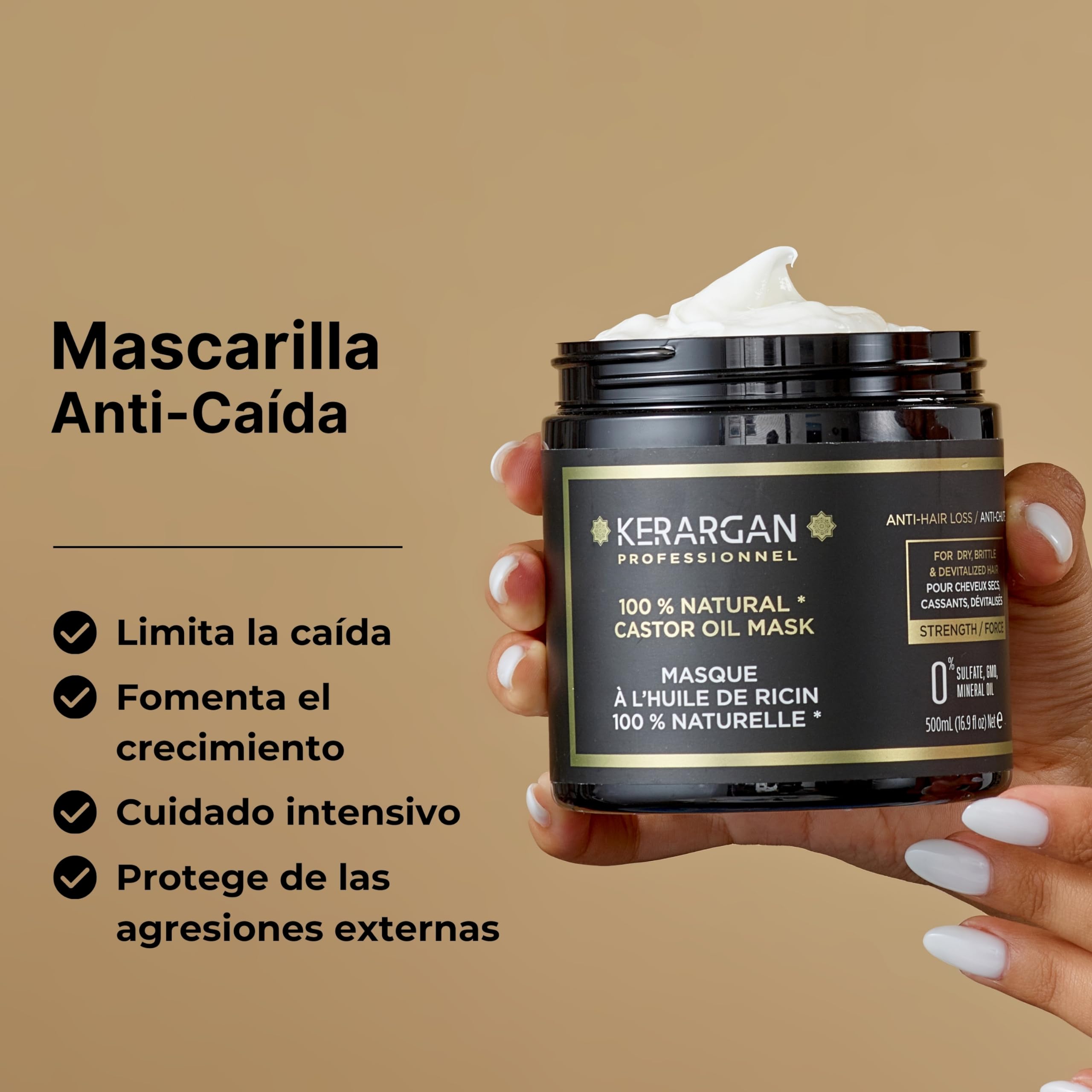 Kerargan Mascarilla Capilar Anti-Caída con Aceite de Ricino, Aloe Vera - 500ml