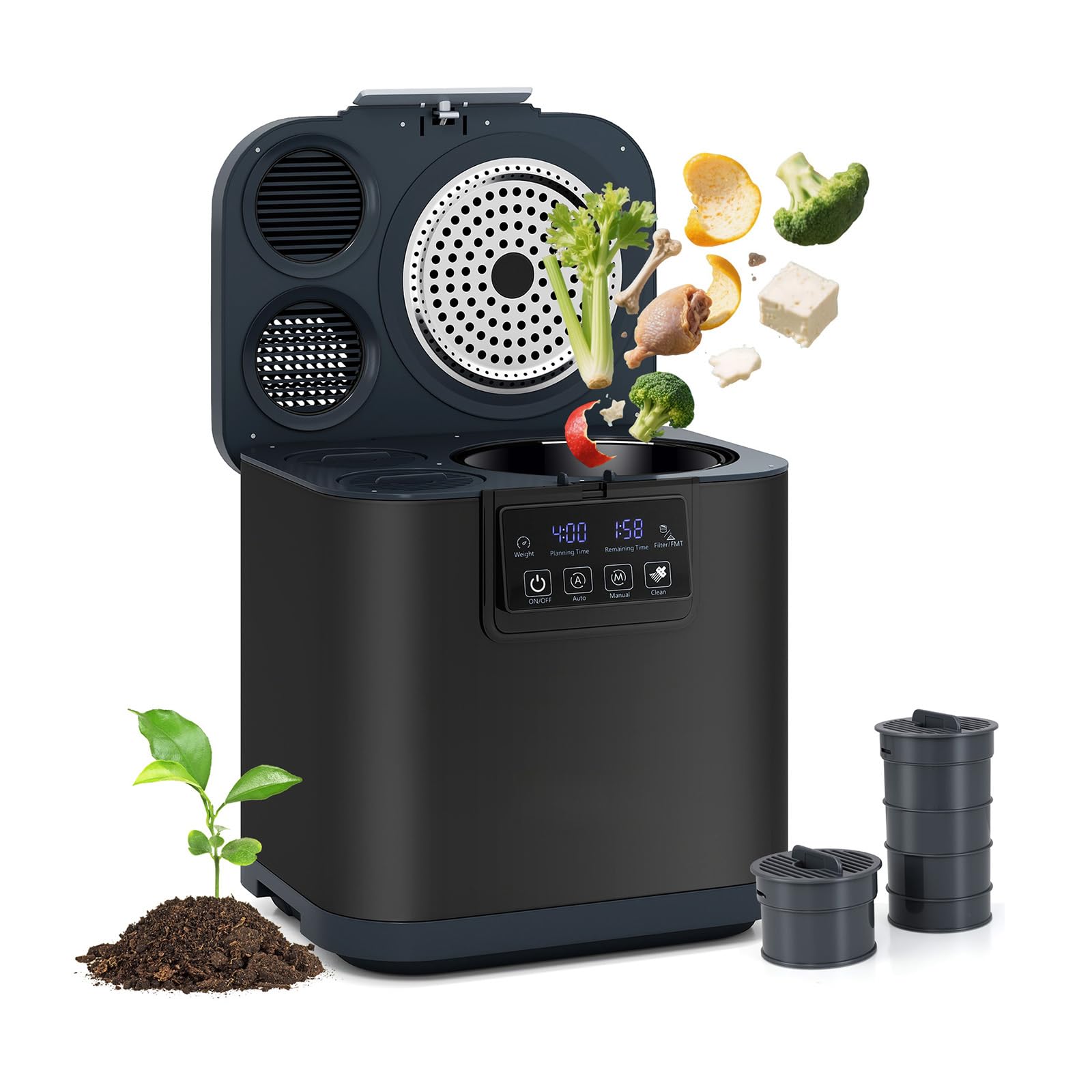 RELAX4LIFE Composteur Électrique pour Cuisine 4L, Bac à Compost Intelligent de Comptoir avec Filtres, Auto-Nettoyage, Affichage LED, Transformez Les Déchets Alimentaires en Engrais