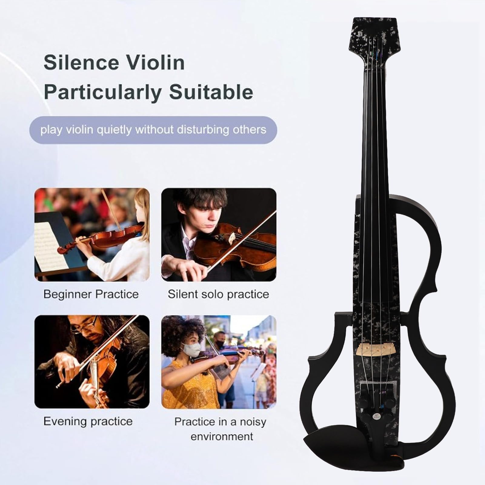 Eujgoov Violino Elettrico Senza Testa, Violino Silenzioso in Fibra di Carbonio con Legno di Acero e Bordo in ABS, Pratica in Cuffia, Controllo del Tono Pickup DV 10B, Dimensione Intera per