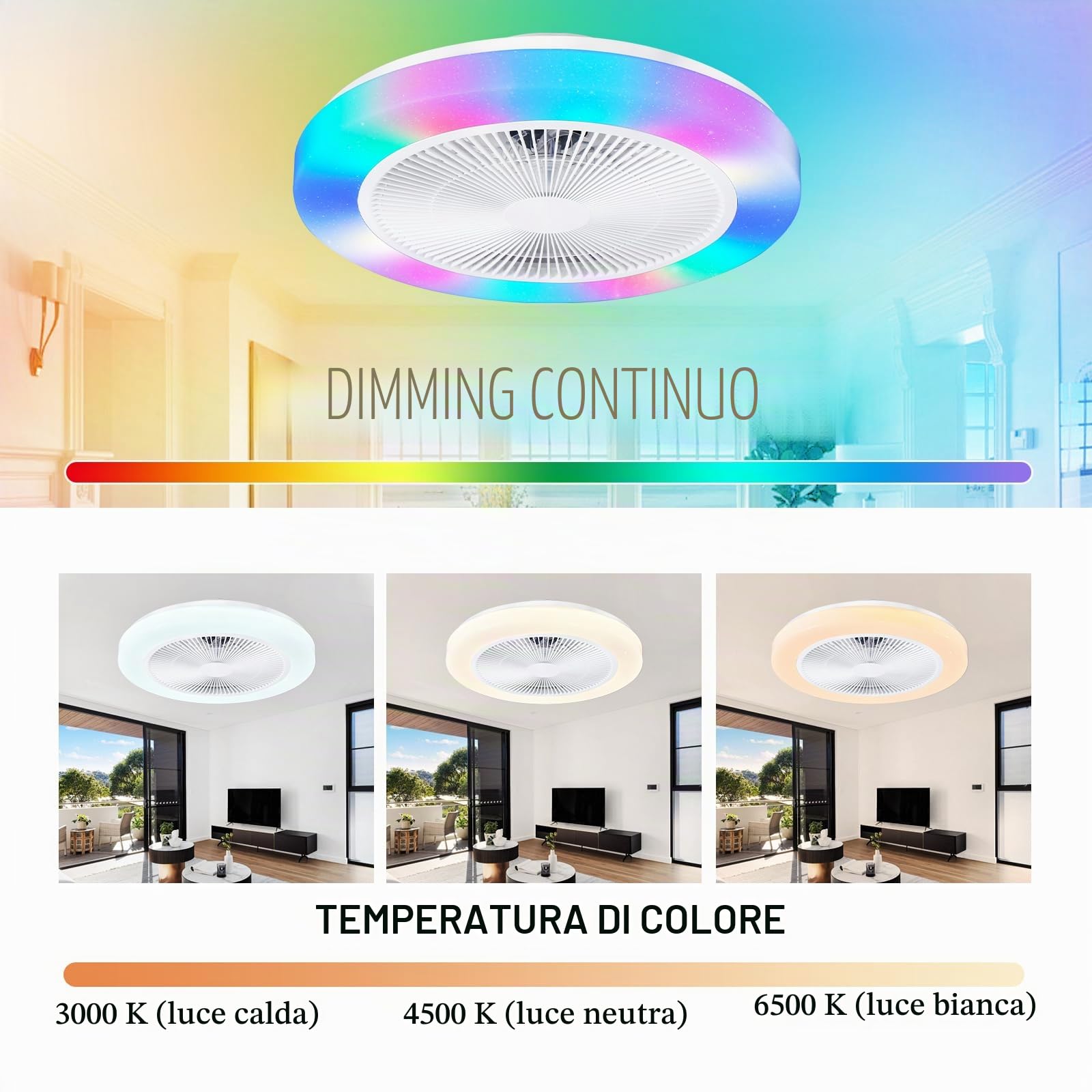 Ventilatore da Soffitto con Luce RGB, 50cm Lampadario Ventilatore Silenzioso LED Dimmerabile, Telecomando e APP, 6 Velocità, Timer, RGB Plafoniera Ventilatori per Camera da Letto Soggiorno