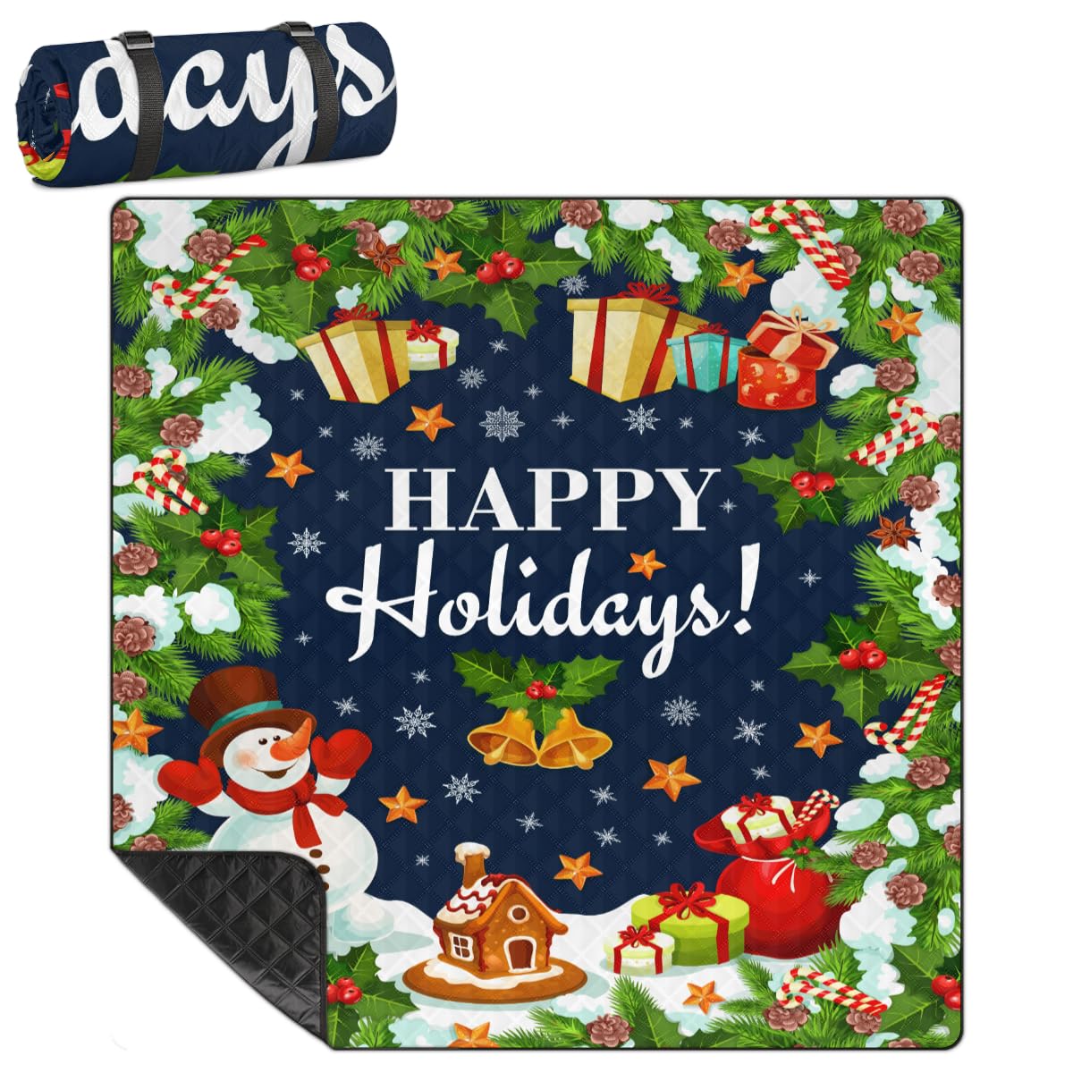 Shimoshe Extra Large Picnic Blankets 79”x 79”, Happy Holidays Christmas Waterproof Foldable Picnic Mat with Straps Portable Beach Blanket for Camping Park Grass Beach Indoor