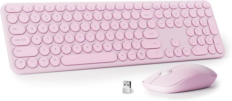 UBOTIE Wireless Keyboard and Mouse Combo - Retro Round 110 Keycaps Silent Typing 2.4G Aesthetic Computer Keyboard with Number Pad for Laptop, Mac, Windows Pink