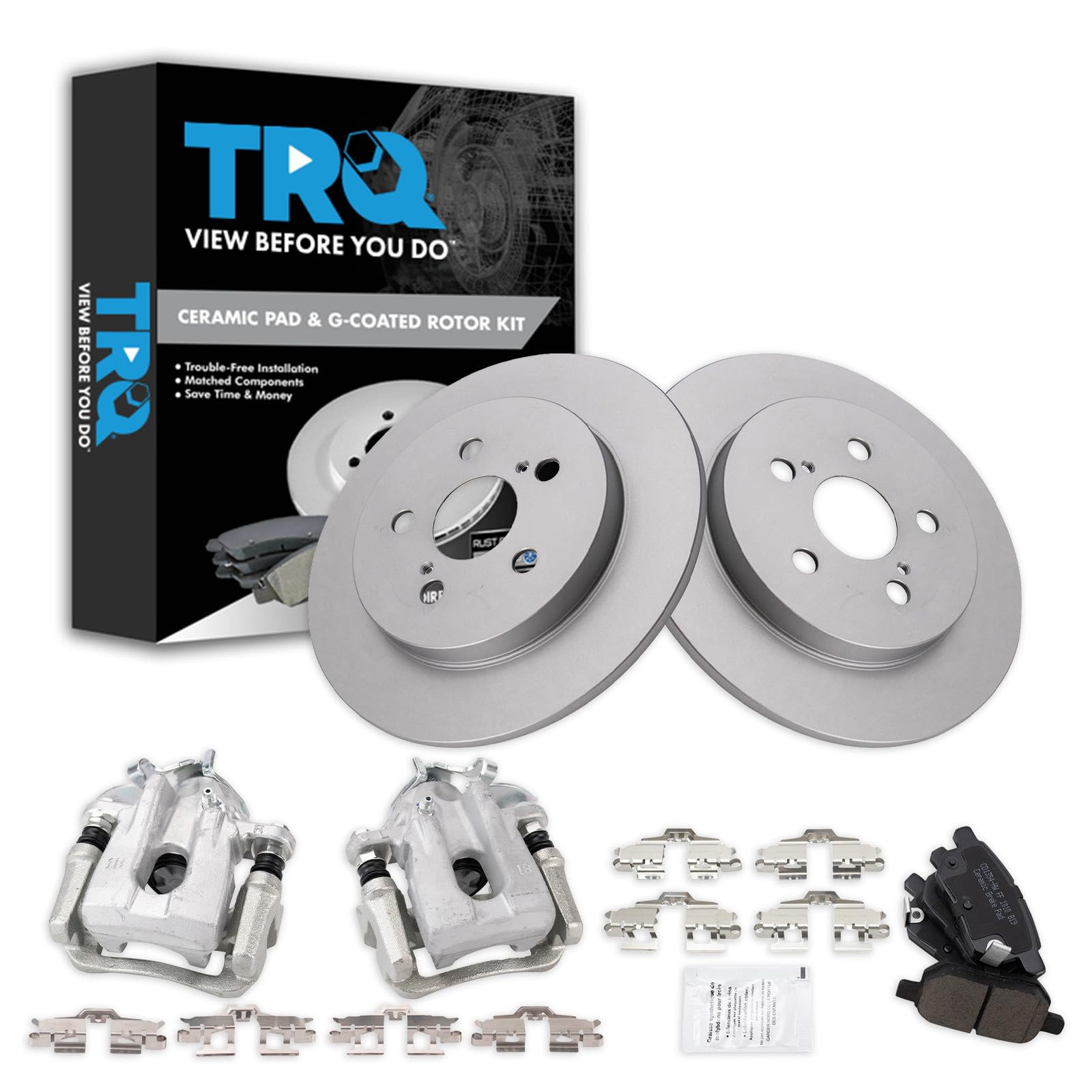 TRQ Rear Brake Pad &amp; Rotor Kit Caliper Pads Ceramic Solid Premium G-Coated