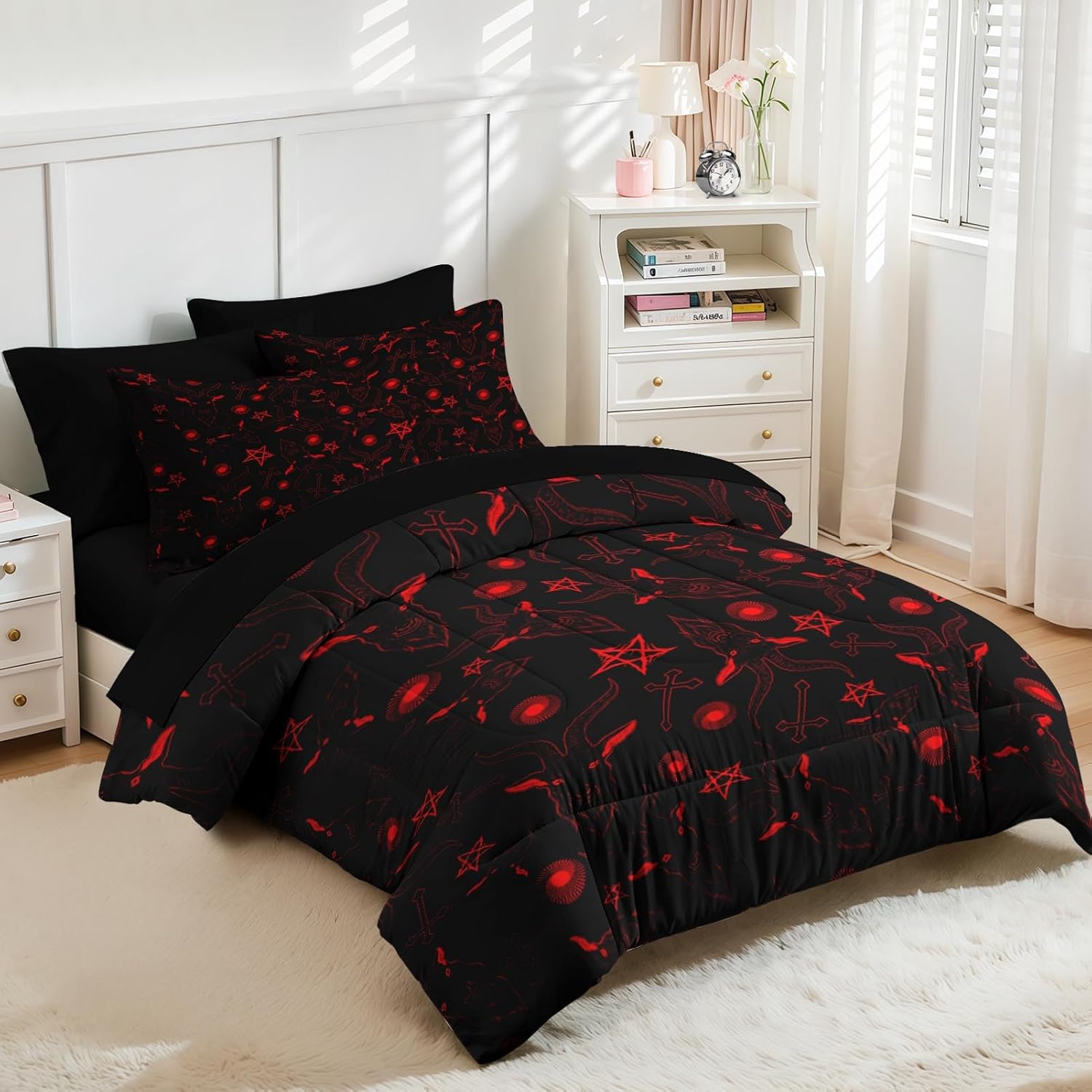 Nesker 7 Pcs Comforter Set Queen Size, Baphomet Satanic Pentagram Bedding Set for Kids and Adults, Vintage Halloween Black Sheets Bed Sheet Sets with Fitted Sheet 2 Pillowcases & 2 Shams - Image 4